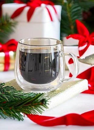 CNGLASS 10oz Double Walled Glass Coffee Mugs(2-pack),Clear Coffee Cups with Handle,Glass Espresso Mugs for Latte,Cappuccino,Tea