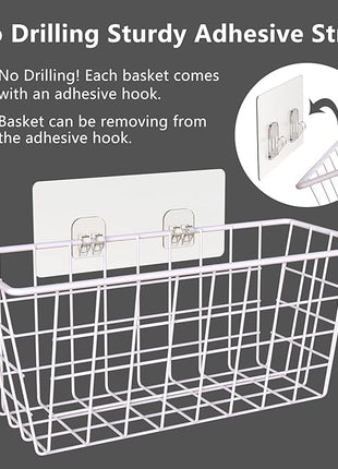 MaraFansie Wall Wire Baskets Adhesive Basket Hanging Kitchen Baskets No Drilling for Cabinet & Pantry Organization and Kitchen, Bathroom, Bedroom Storage, 4 Pack, White