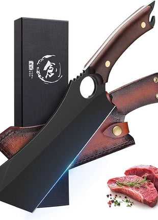 Dream Reach Meat Cleaver, 6.9 inch Black Boning Knife, High Carbon Steel Sharp Kitchen Forged In Fire Knife with Sheath Gift Box Bottle Opener for Outdoor Camping, Christmas Gifts for Men Women