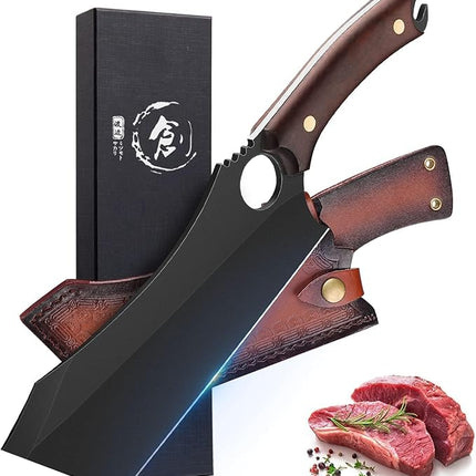 Dream Reach Meat Cleaver, 6.9 inch Black Boning Knife, High Carbon Steel Sharp Kitchen Forged In Fire Knife with Sheath Gift Box Bottle Opener for Outdoor Camping, Christmas Gifts for Men Women