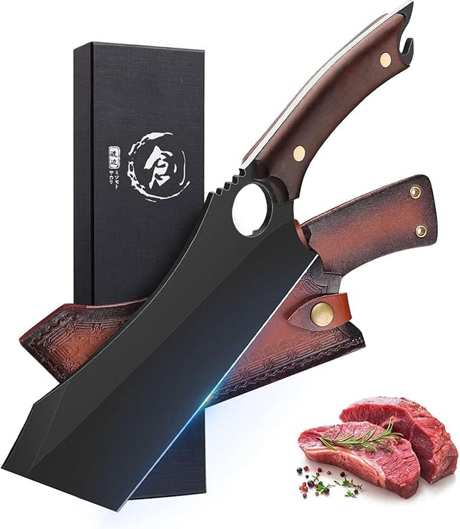 Dream Reach Meat Cleaver, 6.9 inch Black Boning Knife, High Carbon Steel Sharp Kitchen Forged In Fire Knife with Sheath Gift Box Bottle Opener for Outdoor Camping, Christmas Gifts for Men Women