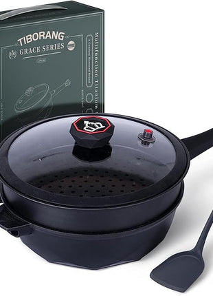 TIBORANG 8 in 1 Multipurpose 11 Inch 5 Quart Heat Indicator Nonstick Deep Frying Pan with Glass Lid, Stay-cool Handle, Steamed Grid, PFOA-Free,Dishwasher&Oven Safe,Works with All Stovetops (Black)