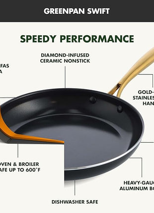 GreenPan Swift Cookware 10" Frying Pan Skillet, Healthy Ceramic Nonstick Coating, Heavy-Gauge Aluminum, Gold-Tone Stainless Steel Handle, PFAS-Free, Dishwasher & Oven Safe, Black