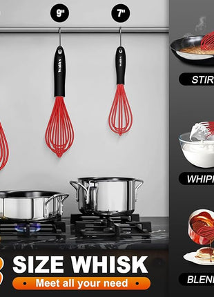Walfos Whisk,Silicone Whisks- Heat Resistant（480°F） Silicone Whisks for Cooking Non Scratch,BPA free and Dishwasher Safe.Perfect for Blending,Whisking,Beating, Set of 3(Red)