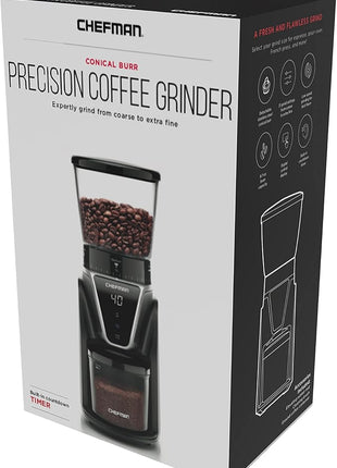 Chefman Conical Burr Coffee Grinder, Create The Boldest & Most Flavorful Grind With 31 Settings From Coarse To Extra Fine, One-Touch Digital Control & 9.7-oz Bean Capacity, Black