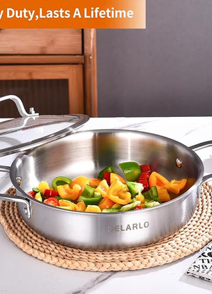 DELARLO Tri-Ply Stainless Steel 10 Inch Frying Pan 3QT Saute Pan With Lid Kitchen Skillets Induction Compatible Chef Cooking Pan Dishwasher & Oven Safe