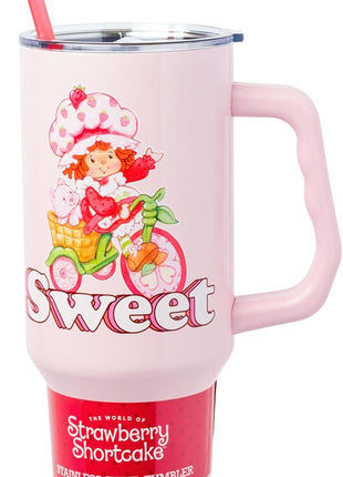 Silver Buffalo Strawberry Shortcake and Custard “Sweet” Stainless Steel Tumbler with Handle, Fits in Standard Cup Holder, 40 Ounces