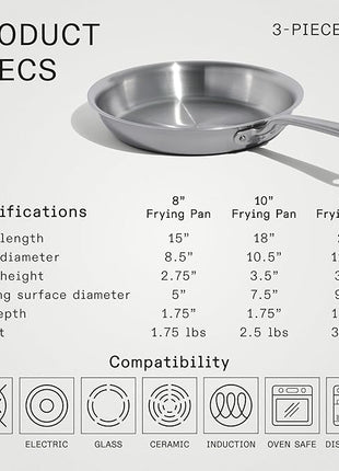 Made In Cookware - 3-Piece (Includes 8",10",12") Stainless Frying Pan Set - 5 Ply Stainless Clad - Professional Cookware - Crafted in USA - Induction Compatible