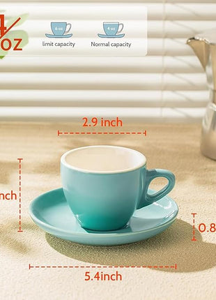 Sweese Espresso Cups with Saucers, 4 Ounce Demitasse Cups, Perfect for Single or Double Espresso, Cappuccino, Latte and Tea - Set of 6, Multicolor, Hot Assorted Colors