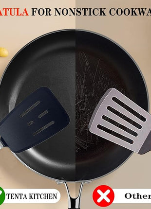 Silicone Spatula Set of 2 for Nonstick Cookware,Tenta Tenta Kitchen Slotted Angle Round Pancake Spatulas 600°F Heat Resistant Classic Rubber Spatula Set For Cooking-Grey/Black