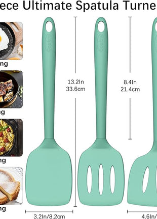 Coukre 3 Pack Silicone Spatula Set, High Heat Resistant, BPA-Free, Fish Spatula, Solid & Slotted Turner for Non-Stick Pans, Flipping Eggs, Pancakes, Fish, Burgers (3, PureAquaGreen)