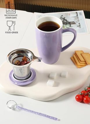 Sweejar Porcelain Tea Infuser Mug with Lid, 20 oz Teacup with Strainers for Loose Leaf Tea, Microwave and Dishwasher Safe Coffee Mug(Purple)