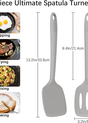 Coukre 2 Pack Silicone Spatula Set, High Heat Resistant, BPA Free Kitchen Spatula, Solid & Slotted Turner for Non-Stick Pans, Sautéing, and Flipping (2, PureGray)