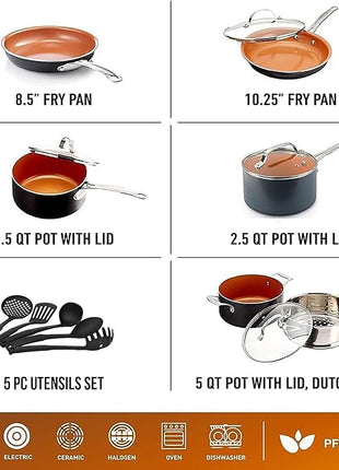 GOTHAM STEEL 15 Pc Ceramic Cookware Set, Ceramic Pots and Pans Set Non Stick with Cooking Utensils and Steamer, Non Toxic PFOA PFOS Free, Premium Stay Cool Handles, Oven & Dishwasher Safe