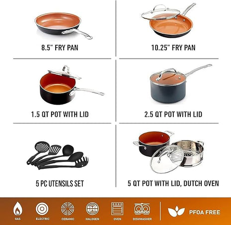 GOTHAM STEEL 15 Pc Ceramic Cookware Set, Ceramic Pots and Pans Set Non Stick with Cooking Utensils and Steamer, Non Toxic PFOA PFOS Free, Premium Stay Cool Handles, Oven & Dishwasher Safe