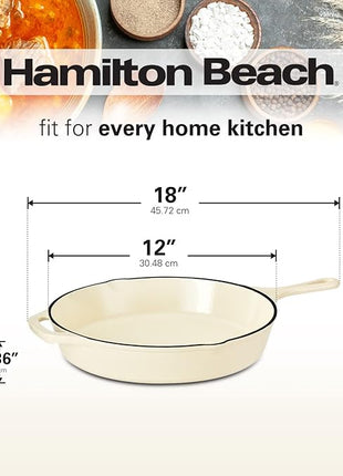 Hamilton Beach Enameled Cast Iron Fry Pan 12-Inch Cream, Cream Enamel Coating, Skillet Pan for Stove Top and Oven