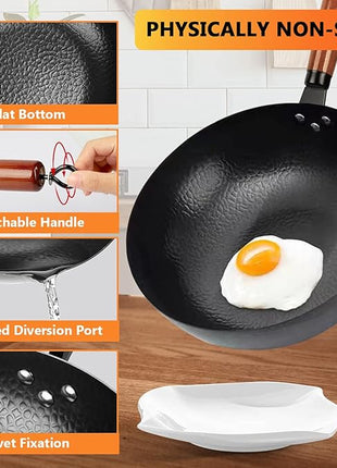 Carbon Steel Wok Pan, 14 Piece Woks & Stir-Fry Pans Set with Wooden Lid Cookwares, No Chemical Coated Flat Bottom Chinese Pan for Induction, Electric, Gas, Halogen All Stoves - 12.6''