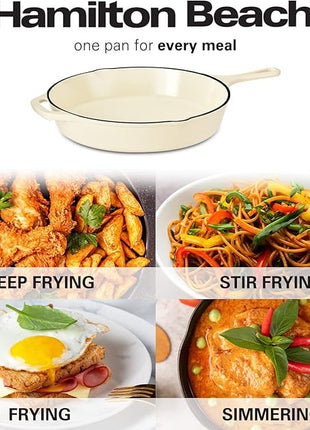 Hamilton Beach Enameled Cast Iron Fry Pan 12-Inch Cream, Cream Enamel Coating, Skillet Pan for Stove Top and Oven