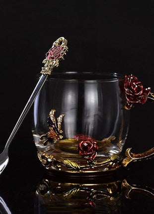 Handicraft Crystal Glass 3D Flower Cups Tea Mug With Tea Spoon Women Coffee, Tea, Juice, Beer, Milk Hot And Cold Drinks Use Gift Package. (Rose Red Coffee Cup, 11 OZ)