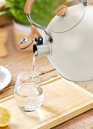 Tea Kettle Stovetop, 2.6Qt Whistling Tea Pots for Stove Top, Heat-resistant Folding Handle，Cute Teapot(Beige)