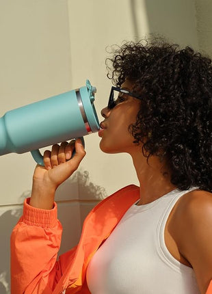 ENCOOL 40 oz Tumbler with Handle and Straw: Stainless Steel Insulated Tumbler Keeps Cold for 24 Hours, Leakproof Travel Cup Fits in Cup Holder and BPA-Free,Pewter Blue