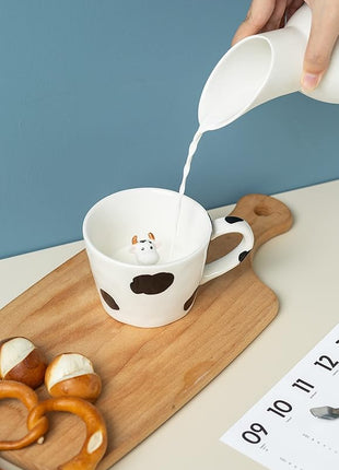 DIHOclub Cow Ceramic Cup Hidden 3D Animal Inside Mug,Cute Cartoon Handmade Figurine Mugs,Holiday and Birthday Gift for Coffee Milk Tea Lovers,12 OZ(White,Black)