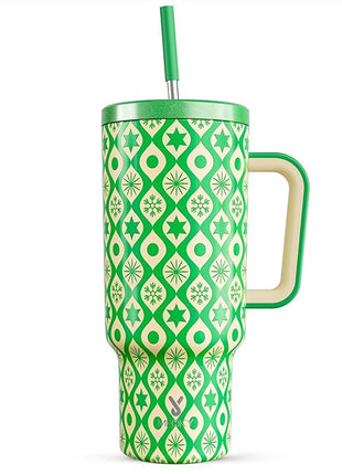 Meoky 40 oz Christmas Tumbler with Handle and Straw, Xmas Tumbler with Lid and Straw, Insulated Stainless Steel Travel Mug, Christmas Gifts for Women Men Adults (Emerald Cheer)