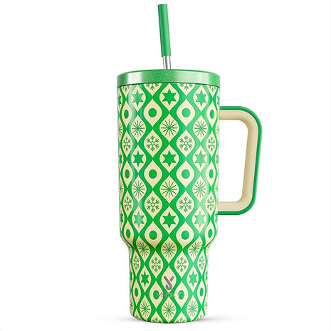 Meoky 40 oz Christmas Tumbler with Handle and Straw, Xmas Tumbler with Lid and Straw, Insulated Stainless Steel Travel Mug, Christmas Gifts for Women Men Adults (Emerald Cheer)