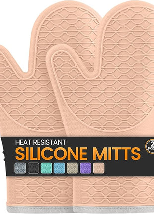 Silicone Oven Mitts, Heat Resistant 2PCS Oven Mitts with Soft Cotton Lining, Waterproof Non-Slip Grip Oven Glove, Kitchen Potholder Mits for BBQ, Baking, Cooking, 12.5 Inch - Pink