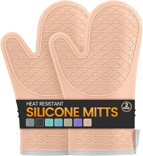 Silicone Oven Mitts, Heat Resistant 2PCS Oven Mitts with Soft Cotton Lining, Waterproof Non-Slip Grip Oven Glove, Kitchen Potholder Mits for BBQ, Baking, Cooking, 12.5 Inch - Pink