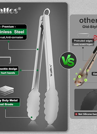 Walfos Kitchen Tongs for Cooking, 600℉ Heat Resistant Stainless Steel Tongs, All Metal Heavy Duty Tongs For Food ,BBQ Grilling - 7 ，9 and 12 Inch ,Set of 3