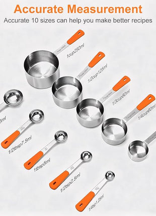 Measuring Cups and Spoons Set Stainless Steel 10 Piece for Cooking and Baking (5 Cups + 5 Spoons, Orange Handle)