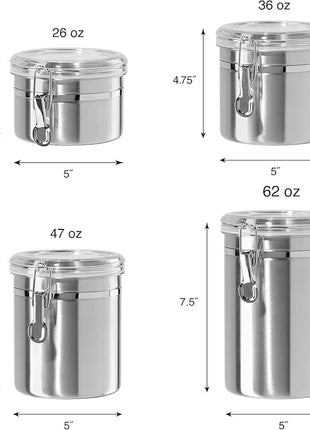 Oggi Set of 4 Stainless Steel Kitchen Canisters - Airtight Clamp Lid, Clear See-Thru Top - Ideal for Kitchen Storage, Food Storage, Pantry Storage - Includes 1 each: 26oz, 36oz, 47oz, 62oz.