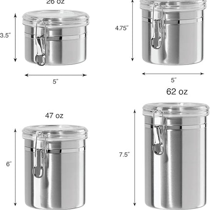 Oggi Set of 4 Stainless Steel Kitchen Canisters - Airtight Clamp Lid, Clear See-Thru Top - Ideal for Kitchen Storage, Food Storage, Pantry Storage - Includes 1 each: 26oz, 36oz, 47oz, 62oz.