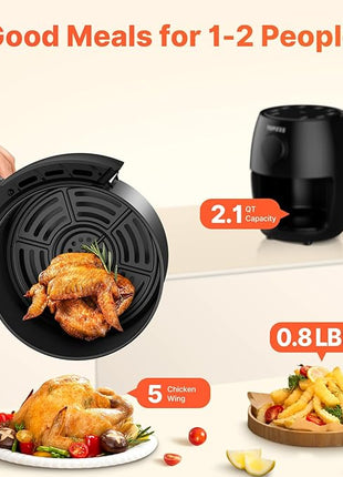 Topzee Small Air Fryer, 2.1QT Mini Compact 4-in-1 Air Fryer for 1–2 People, 98% Less Oil, Adjustable Temp & 60Min Timer, Quiet, Nonstick Dishwasher Safe, BPA-Free, Dark Grey