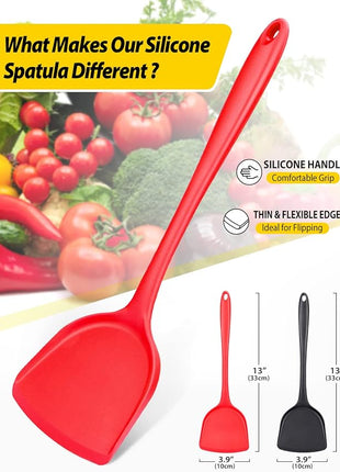 Pack of 2 Silicone Wok Spatula, Non-Stick, Heat Resistant, Easy to Clean and Dishwasher Safe, Seamless Kitchen Utensil for Cooking, Baking, Stir-Fry (Black-Red)