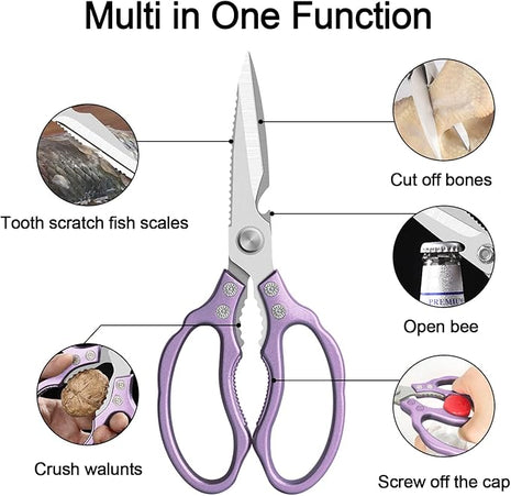 CGBE Kitchen Scissors All Purpose Heavy Duty, Ultra Sharp Stainless Steel Kitchen Shears Dishwasher Safe, Cooking Shears for Chicken, Poultry, Fish, Meat, Herbs & Grapes with Non-Slip Grips - Purple