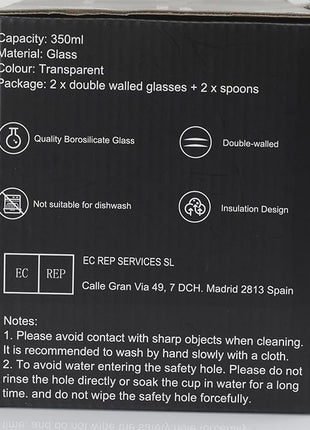 LIBWYS 2 Pack Double Walled Coffee Cups Glasses Mugs, 12oz Espresso Cappuccino Latte Tea Cups with Handle, Heat Resistant Borosilicate Clear Glasses 350ml