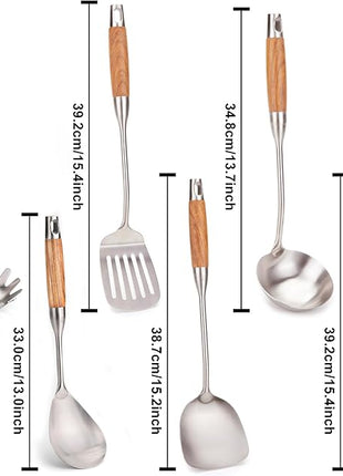 FJNATINH Wok Utensils for Carbon Steel, Stainless Steel Wok Spatula Metal Set, 6-Pieces 13-15 Inch Extra Long, Wok Tools Professional Set, Wooden Handle Skimmer, Soup Ladle, Slotted Turner