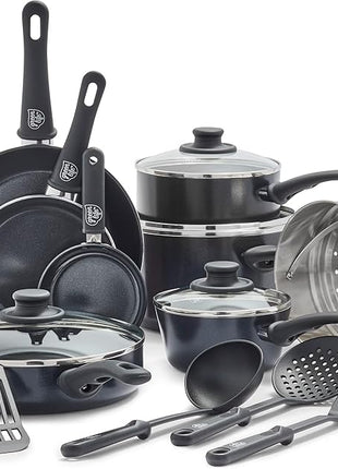 GreenLife 16 Piece Nonstick Cookware Set, Soft Grip Non-Toxic PFAS-Free Ceramic Pots & Pans, Dishwasher & Oven Safe, Frying, Sauce, Saute, Utensils, Glass Lids, Stay-Cool Handles, Wobble Free, Black