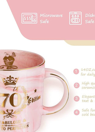 70th Birthday Gifts for Women - Aged to Perfection Coffee Mug - Unique Birthday Present for Grandma Mum Wife Girl Friend Sister - Pink Marble Mug for Coffee Lovers 14Oz Tea Cup Gift Boxed