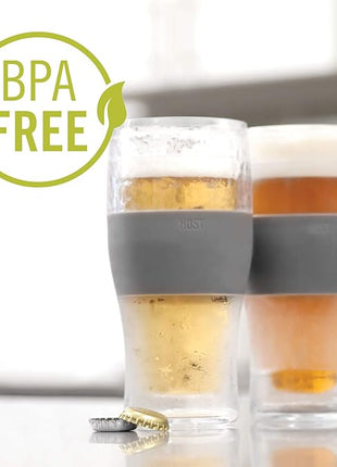 Host Freeze Beer Glasses, 16 ounce Freezer Gel Chiller Double Wall Plastic Frozen Pint Glass, Set of 4, Black and Grey