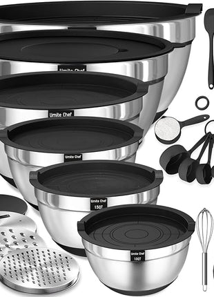 Umite Chef Mixing Bowls with Airtight Lids, 26Pcs Stainless Steel Bowls Set, 3 Grater Attachments & Black Non-Slip Bottoms Size 7, 4, 2.5, 2.0,1.5, 1QT, Great for Mixing & Serving
