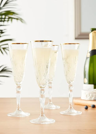 Lorren Home Trends Siena Collection Crystal Flute Glass with Gold Band Design, Set of 4