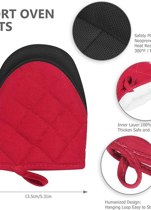 1 Pair Short Oven Mitts, Heat Resistant Silicone Kitchen Mini Oven Mitts for 500 Degrees, Non-Slip Grip Surfaces and Hanging Loop Gloves, Baking Grilling Barbecue Microwave Machine Washable