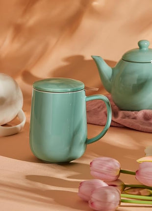 Sweese 20 OZ Porcelain Tea Mug with Infuser and Lid, Loose Leaf Tea Cup, Gifts for Tea Lover - Mint Green