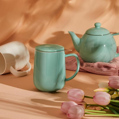 Sweese 20 OZ Porcelain Tea Mug with Infuser and Lid, Loose Leaf Tea Cup, Gifts for Tea Lover - Mint Green