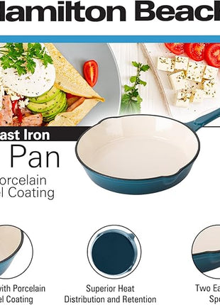 Hamilton Beach Enameled Cast Iron Fry Pan 8-Inch Navy, Cream Enamel Coating, Skillet Pan for Stove Top and Oven