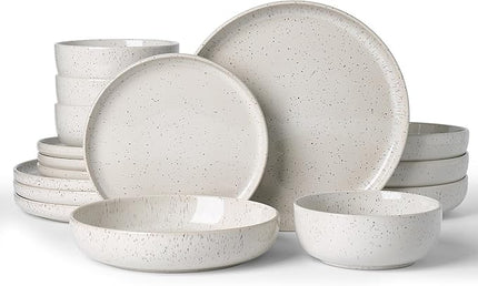 Famiware Meteor Stoneware Dinnerware Sets with Pasta Bowls, Service for 4 (16 Pieces), Plates and Bowls Sets, Microwave and Dishwasher Safe Dishes Set, Creamy White