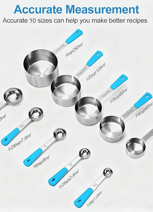 Measuring Cups and Spoons Set Stainless Steel 10 Piece for Cooking and Baking (5 Cups + 5 Spoons, Light Blue Handle)